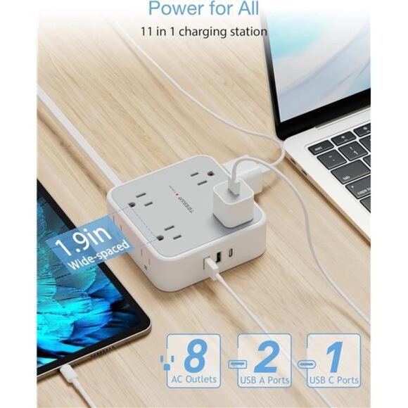 Surge Protector Flat Extension Cord Flat Plug Power Strip, 8 AC Outlets, 3 USB - Picture 2 of 7